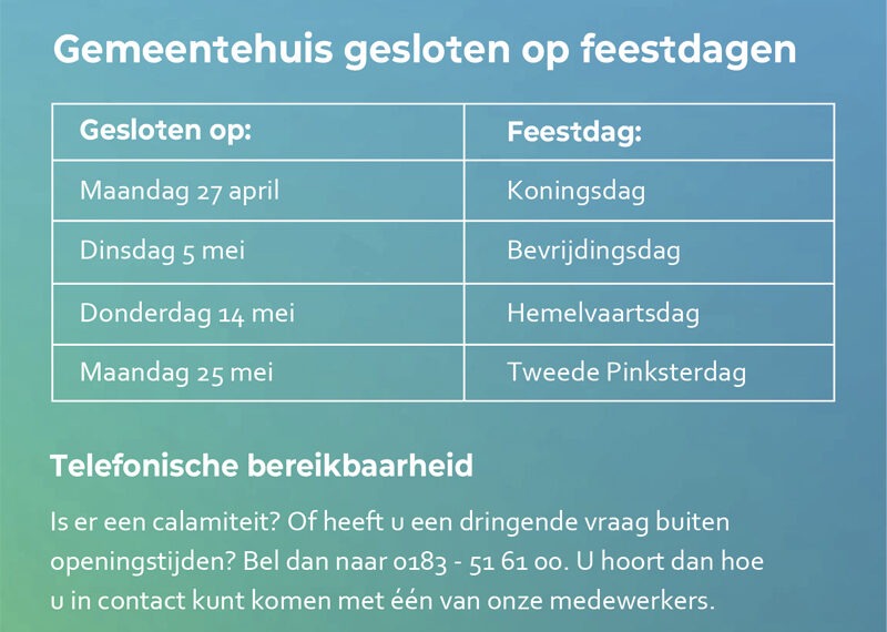 Gemeentehuis gesloten op feestdagen