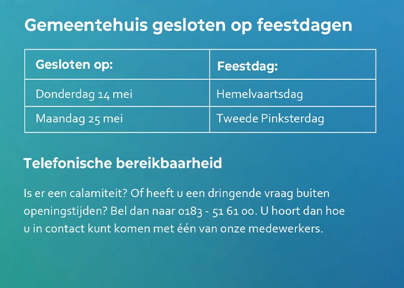 Gemeentehuis gesloten op feestdagen